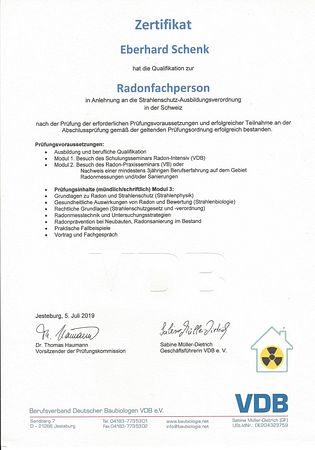 Zertifikat: Qualifikation zur Radonfachperson (VDB)